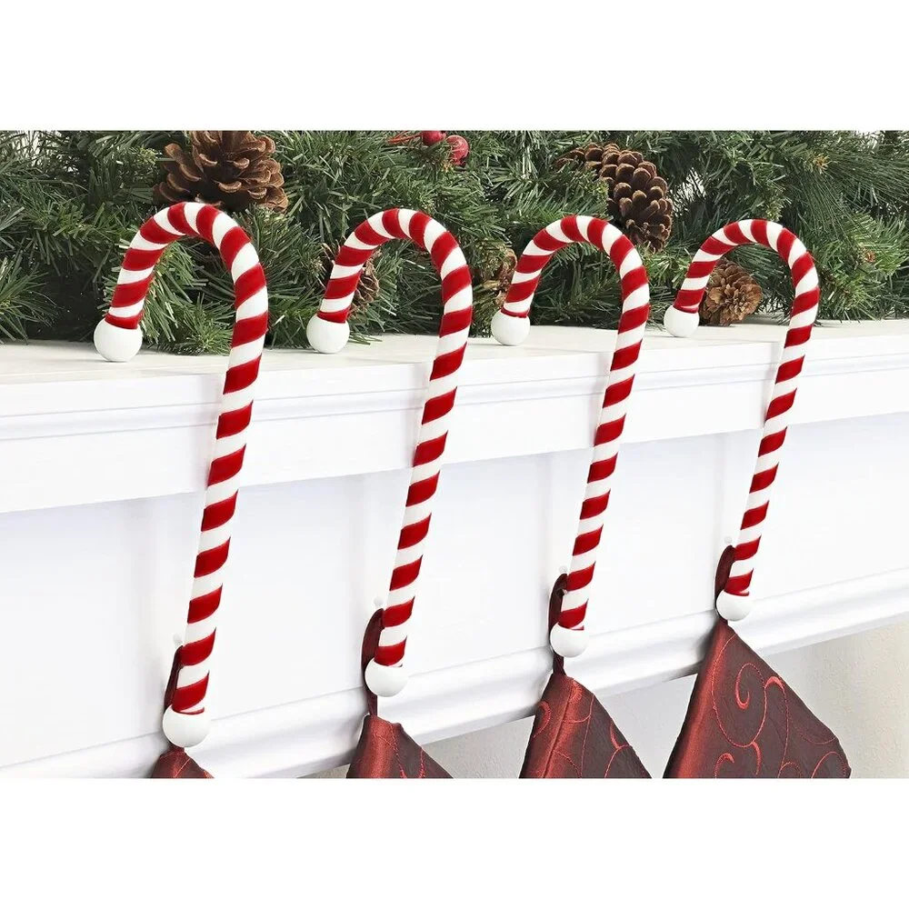 Lightweight Velvet Candy Cane Stocking Holders - 4 Stylish Christmas Hangers